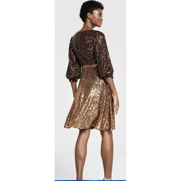 DKNY Brown Ombre Sequin Dress Tie Belt Size 4 NEW - Picture 2 of 7